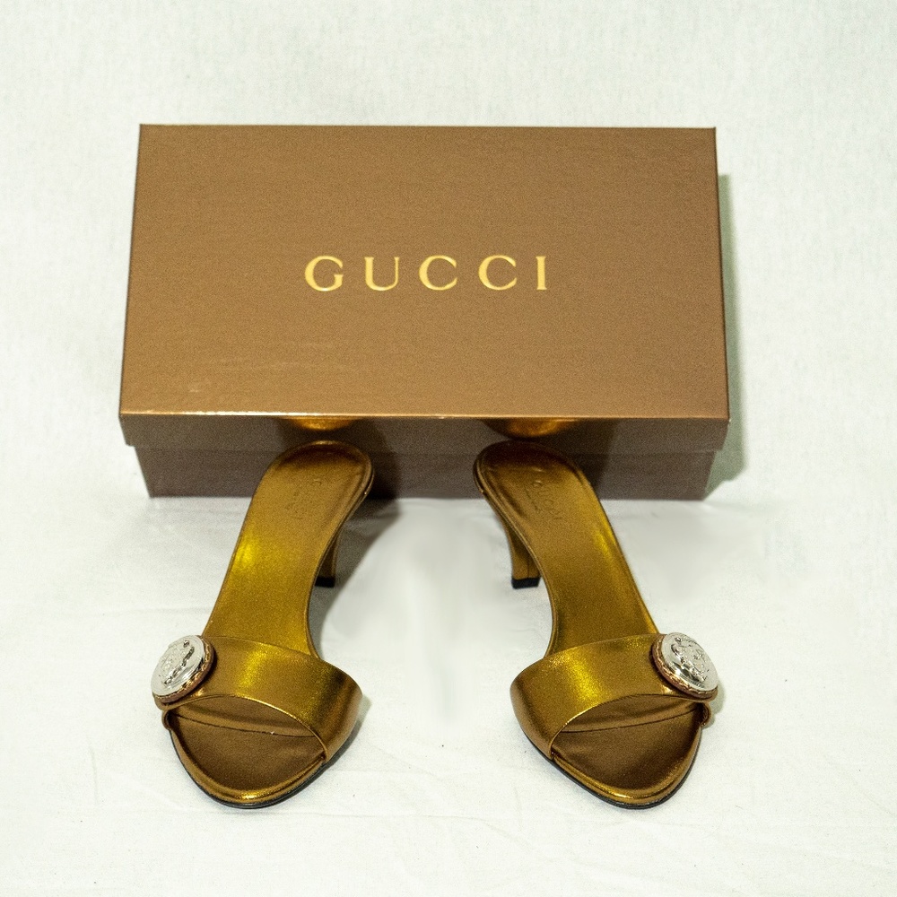 GUCCI Hysteria BRONZE Heels SILVER LOGO CREST 37